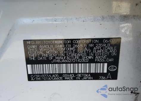 2007 Lexus Es 350 from USA, damaged, VIN JTHBJ46G272142302